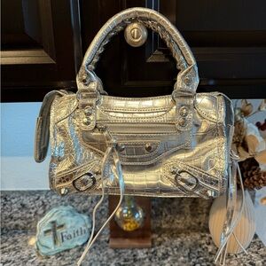 Silver Crocodile Embossed Handbag